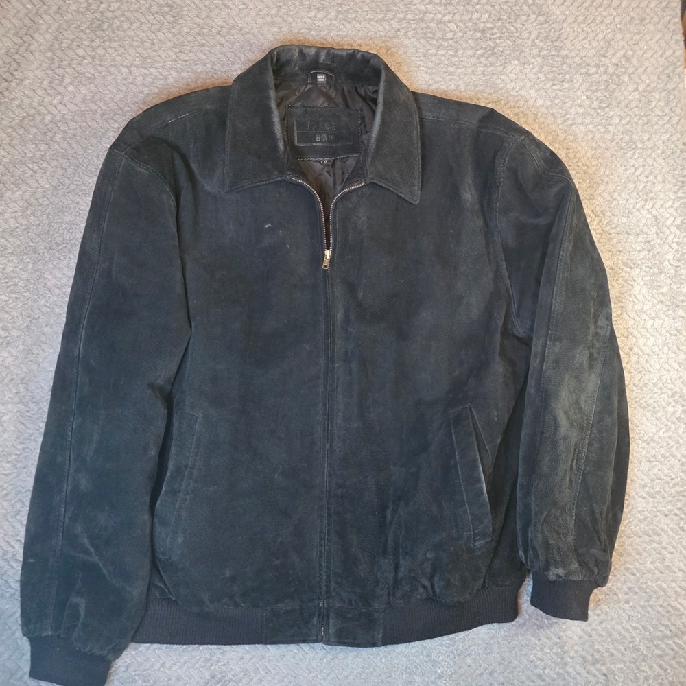 Trader Bay Mens Black Suede Leather Bomber Jacket Quilted Lining Size Large Tall